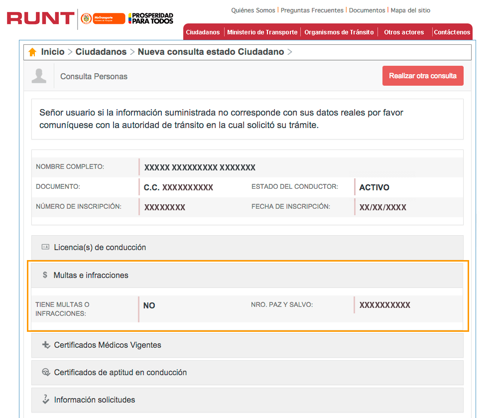 consulta de comparendos en el RUNT por cédula