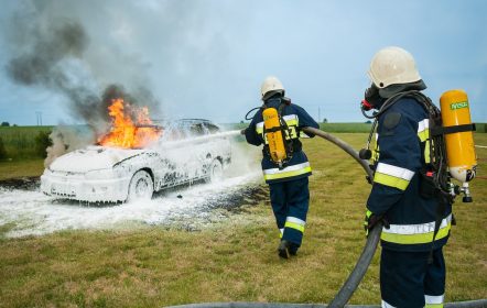 Hombres con distintos tipos de extintores apagando auto
